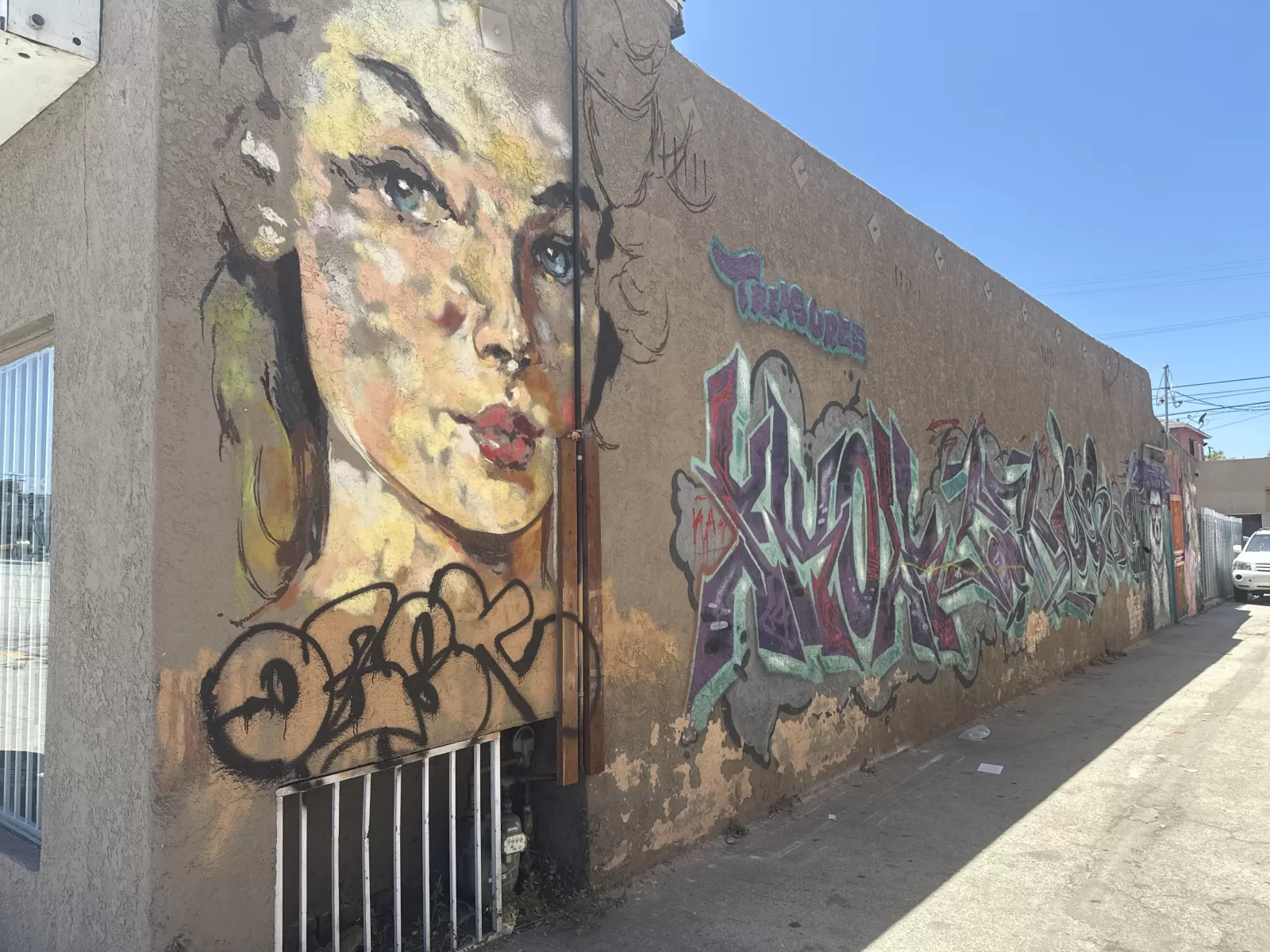 A large painted portrait of a woman covers the corner of an exterior wall, alongside colorful graffiti-style lettering and outlined forms. Additional black tags and a small upper-wall word are visible, though the lettering is not fully clear.