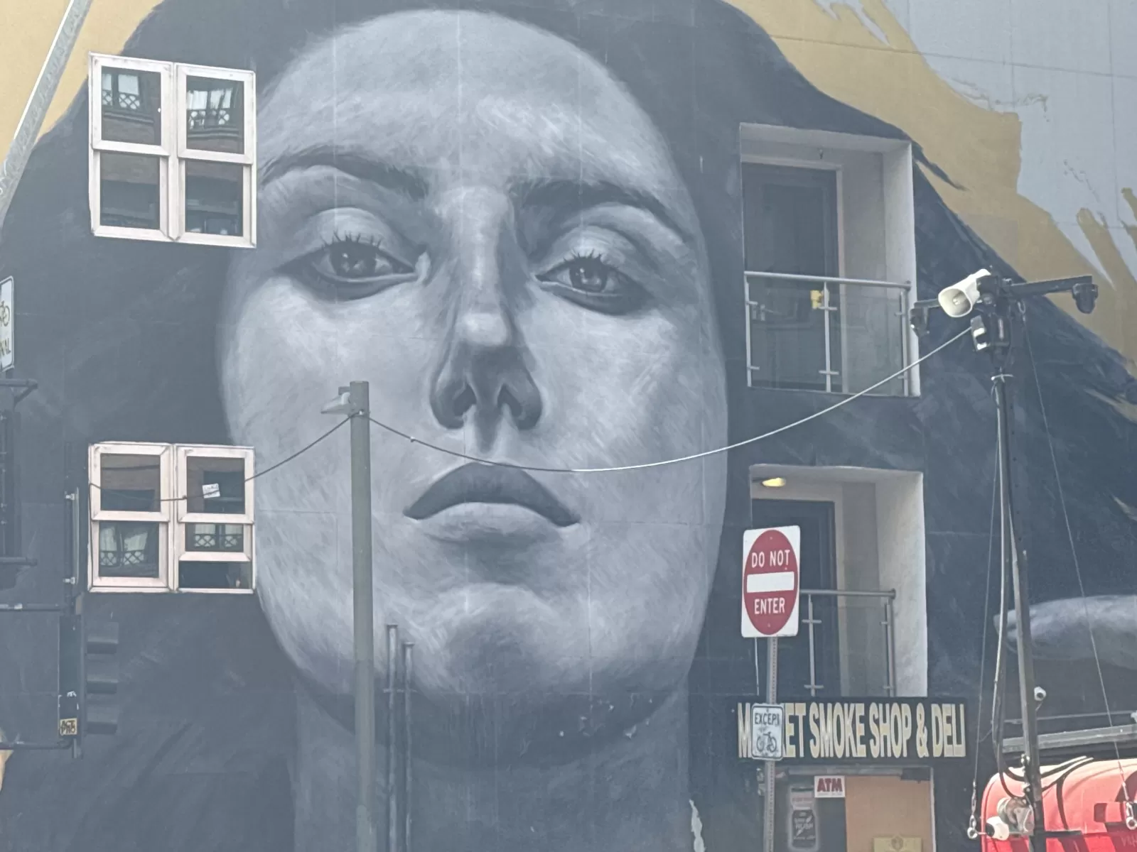 A large grayscale mural depicts a close-up human face across the exterior wall of a building, with windows and balconies integrated into the image. Visible storefront text reads “...ET SMOKE SHOP & DELI,” alongside a “DO NOT ENTER” sign and an ATM sign.