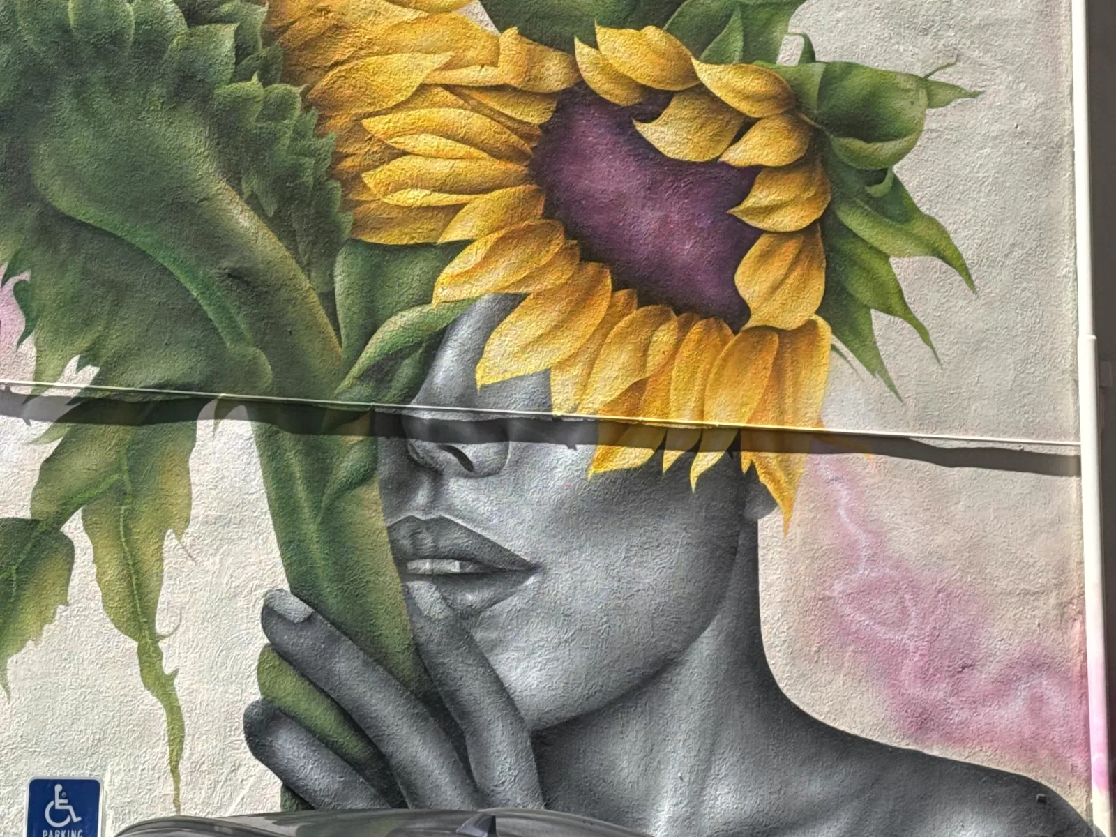 A large painted wall mural shows a grayscale portrait with hands near the face, surrounded by green leaves and a prominent yellow sunflower against a pale pink and gray background. A wheelchair parking sign and the top of a vehicle are visible along the lower edge of the image.